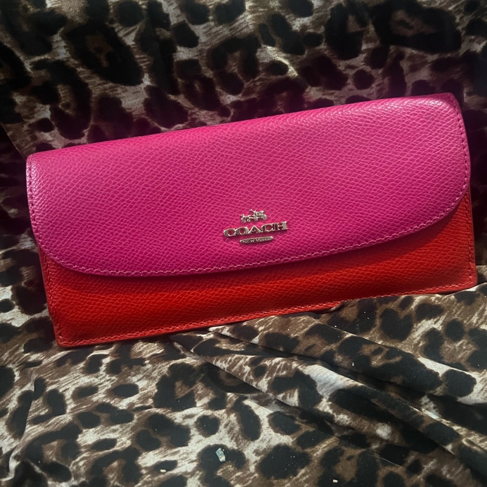 Coach Pink and Red Leather Two-Tone Clutch Wallet